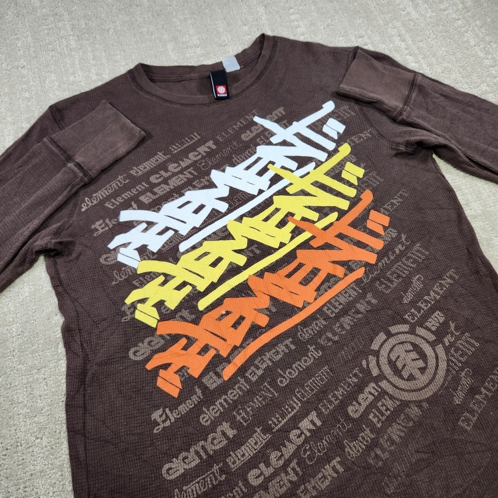 Vintage Element Shirt Men Medium Y2K Waffle Knit Thermal Brown Skater Grunge